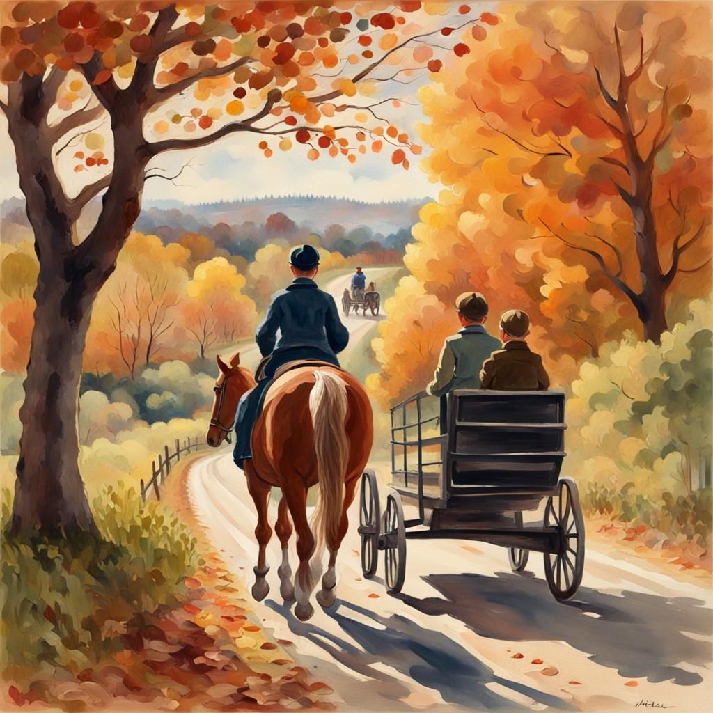 Autumn Country Lane: Gouache Impressionist Masterpiece