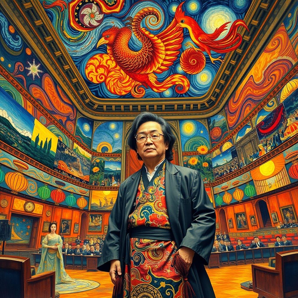 Musician Homage in Vibrant Van Gogh-Inspired Concert Hall