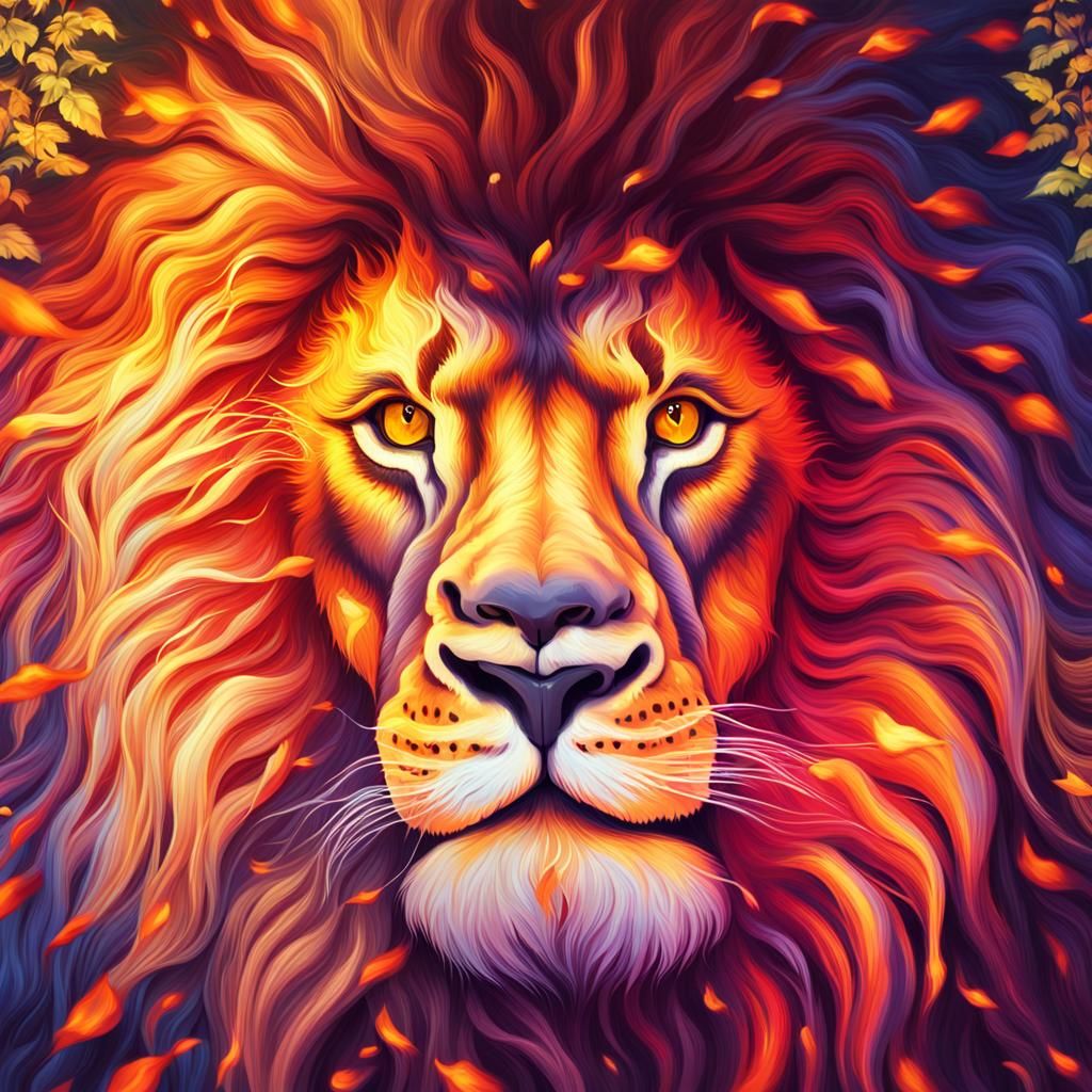 Flaming Lion Roars in Mystical Forest: Digital Art