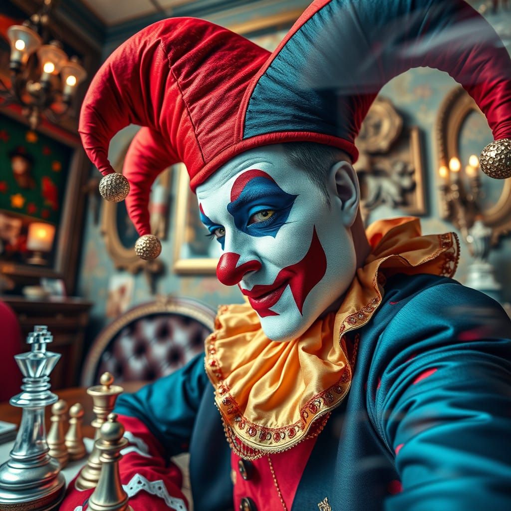 Whimsical Jester in Opulent Steampunk Setting