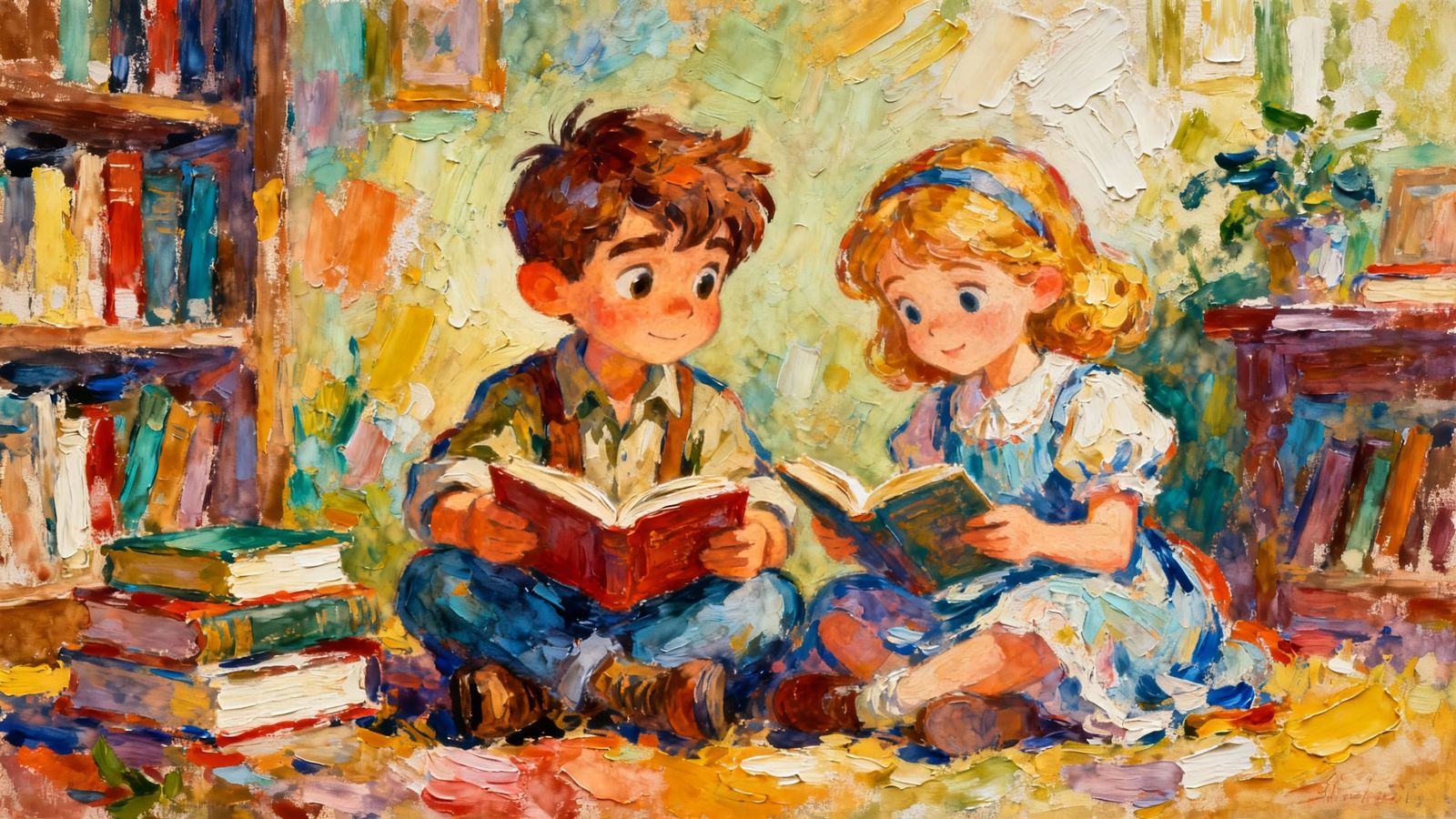 Cute Characters Reading Books in Acts of Kindness, Gouache S...