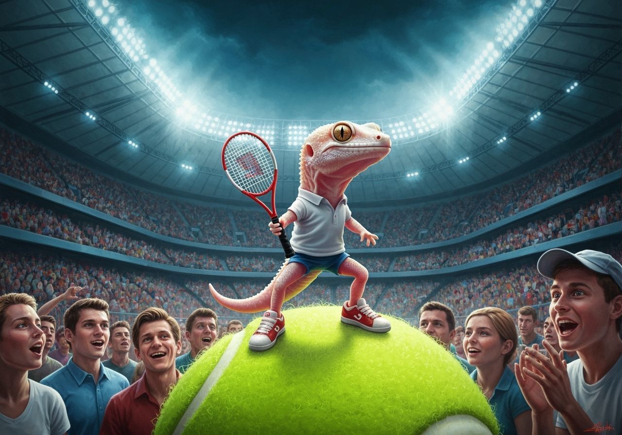 Albino Gecko Plays Tennis in Packed Stadium