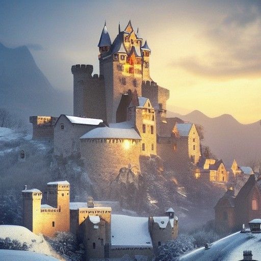Winter Village with Castle in Mountain Landscape
