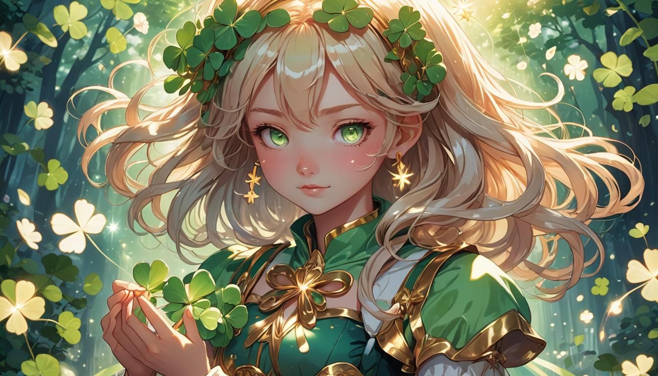 Magical Girl Holding Radiant Clover in Anime Style