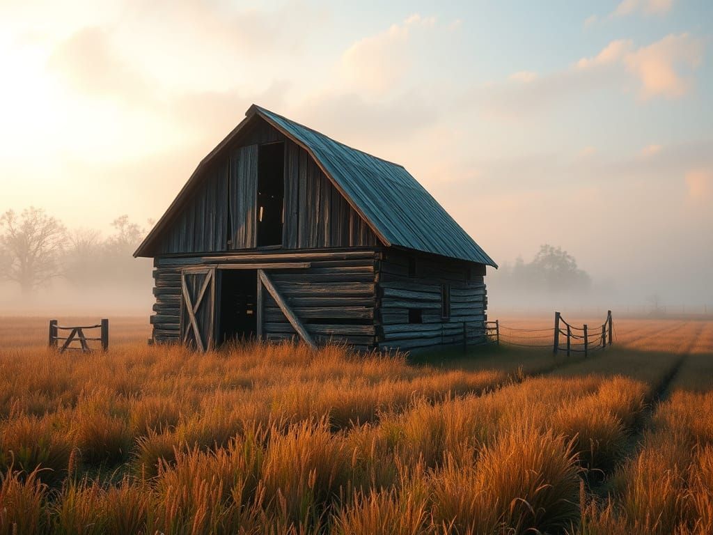 Ethereal Mist Over Abandoned Barn