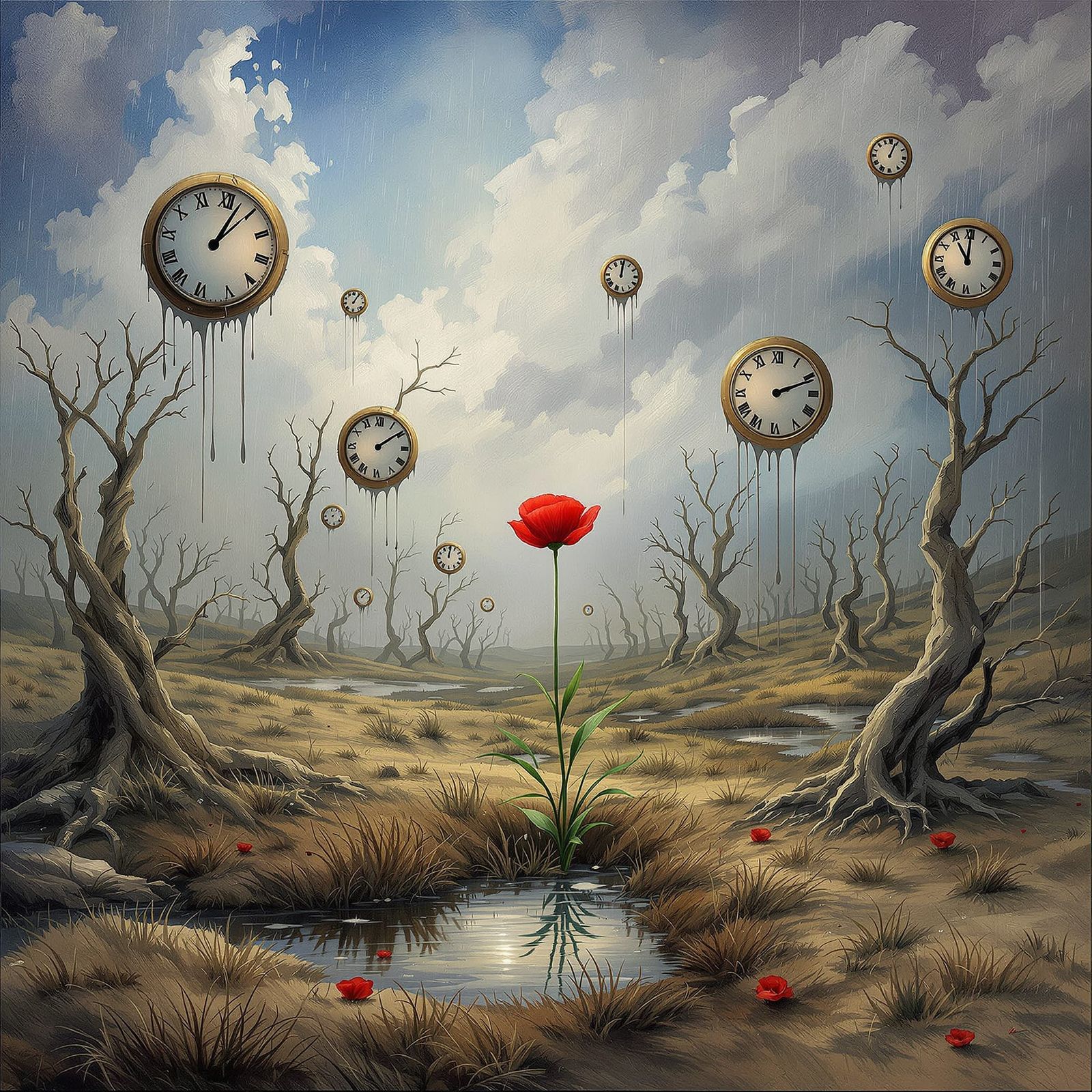 Surreal Backward Time Landscape with Blooming Poppy