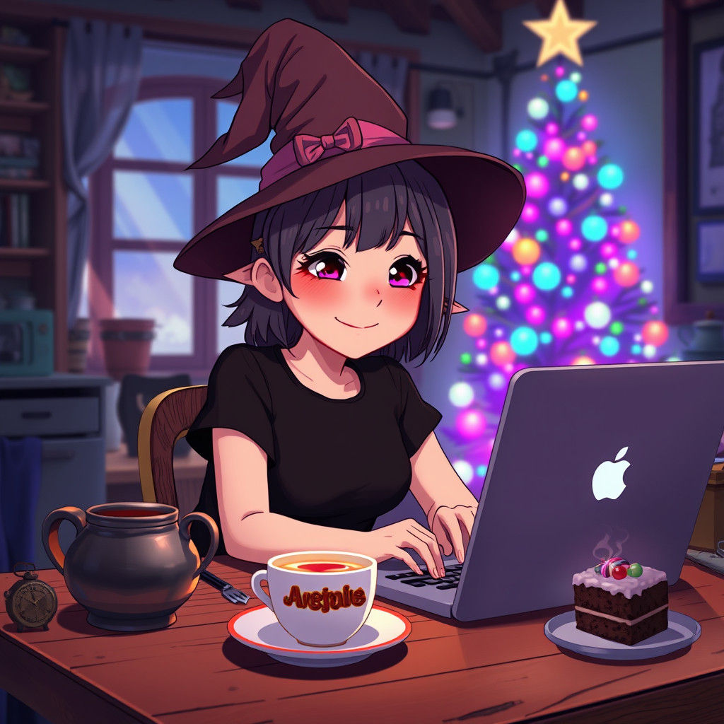 Anime-Style Witch at Laptop with Christmas Tree