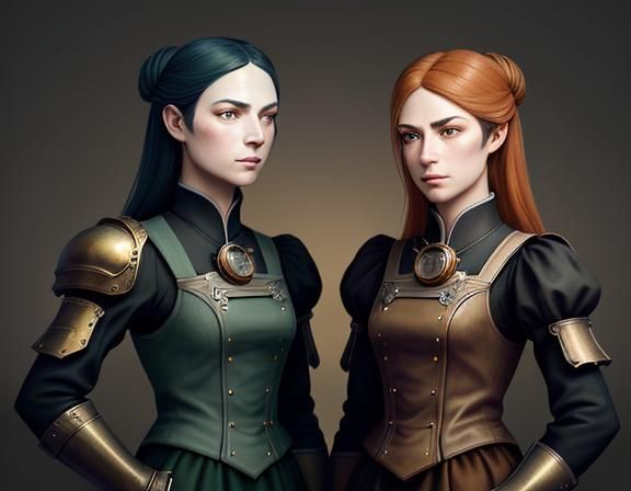 Steampunk Twins in Time Machine: Dark Fantasy Art
