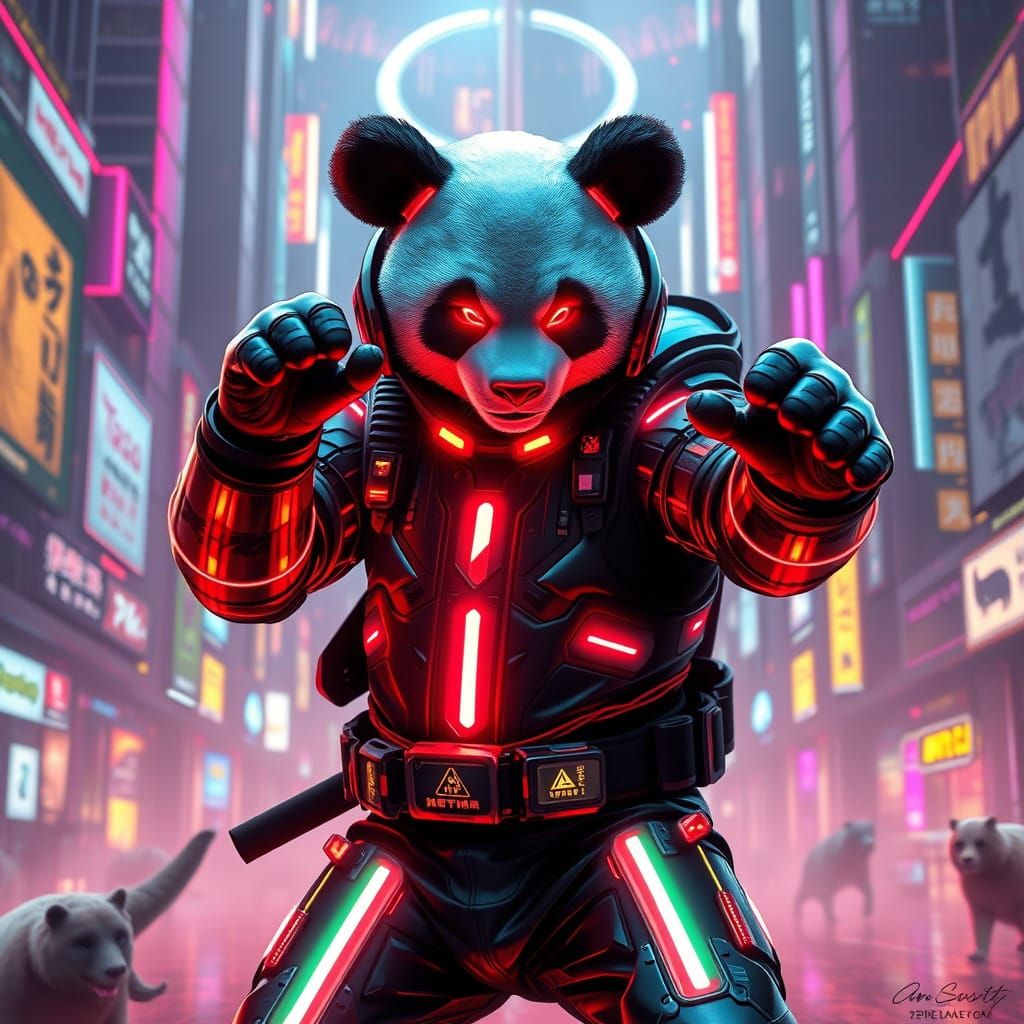 Cyberpunk Panda in Cyber Suit Confronts Neon Cityscape