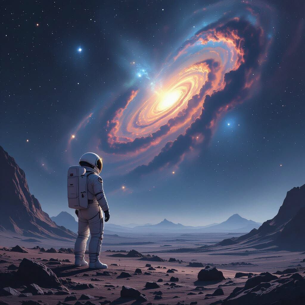 Astronaut Gazes at Cosmic Nebula on Alien Planet