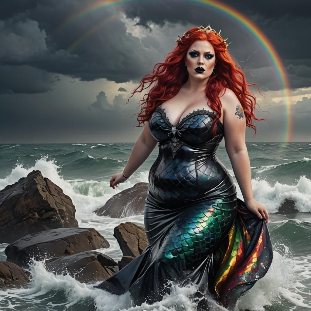 Gothic Mermaid with Rainbow Highlights in Overcast Setting