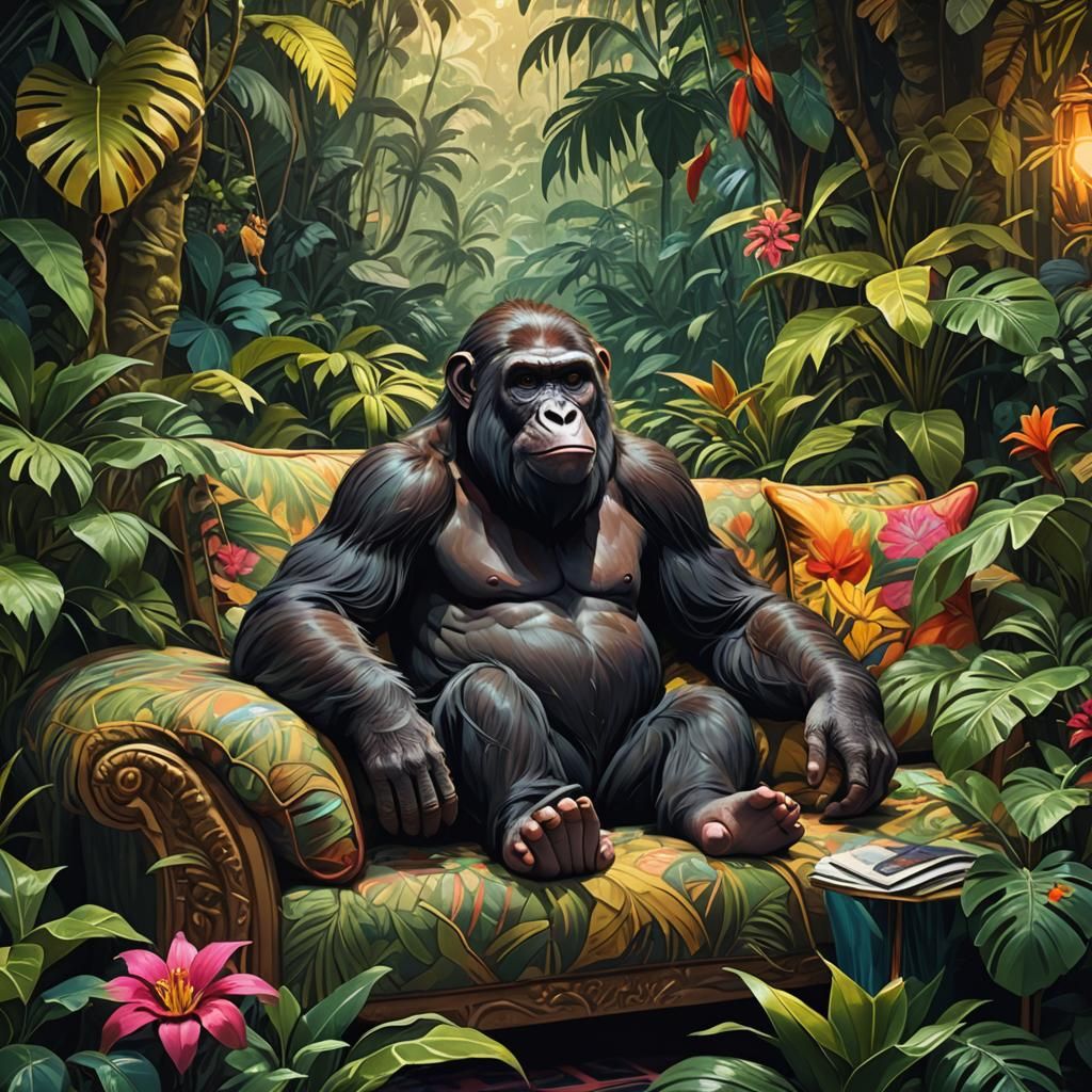 Ape Relaxing in Jungle: Digital Concept Art
