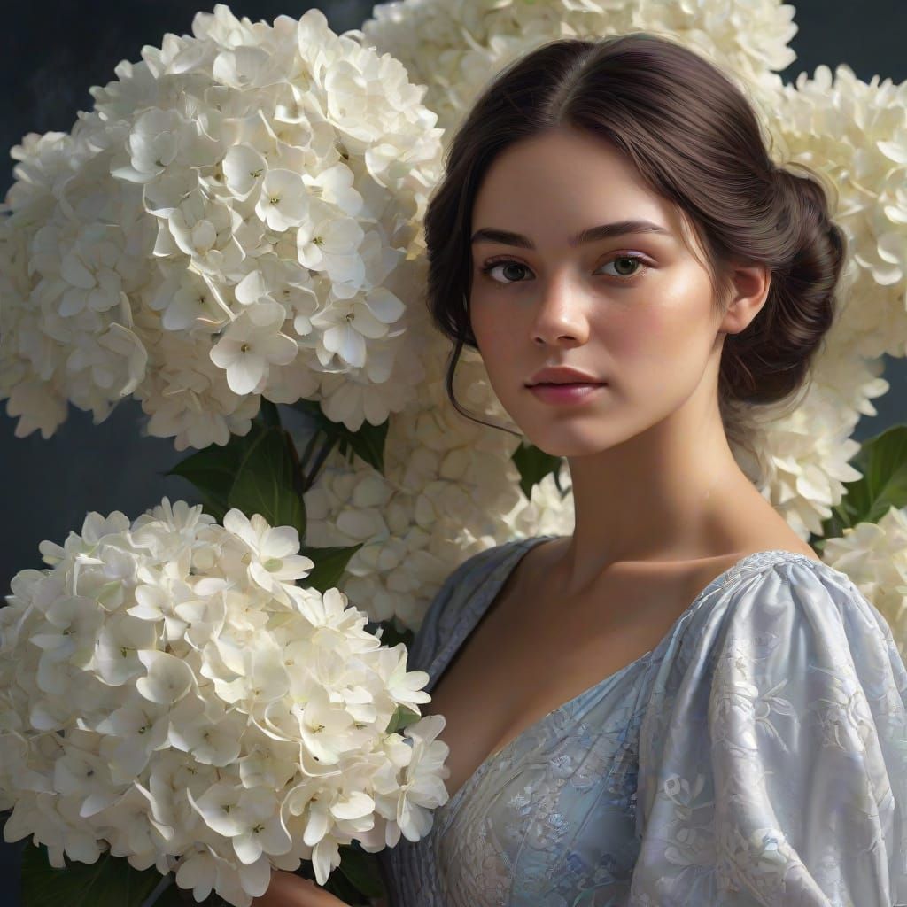 Girl with Hydrangeas: Impasto Portrait in Vibrant Colors