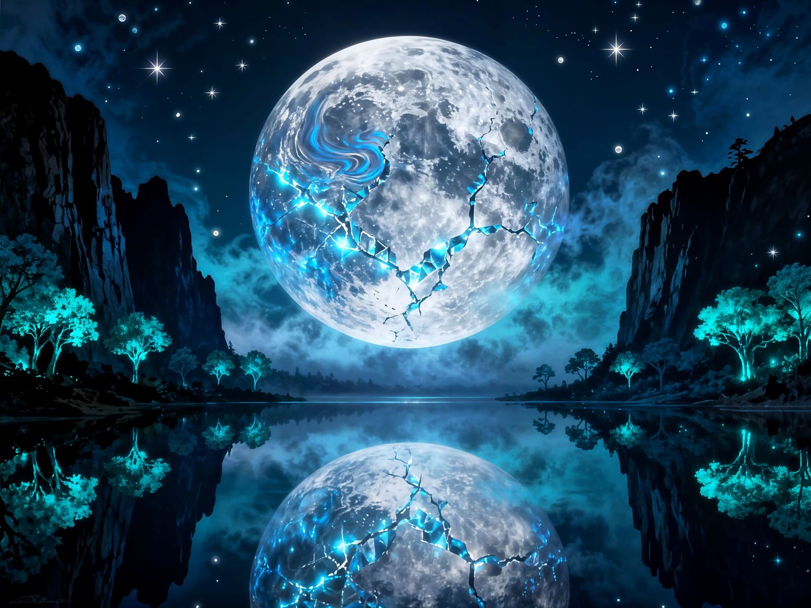 Colossal Moon Over Reflective Lake in Dreamlike Fantasy
