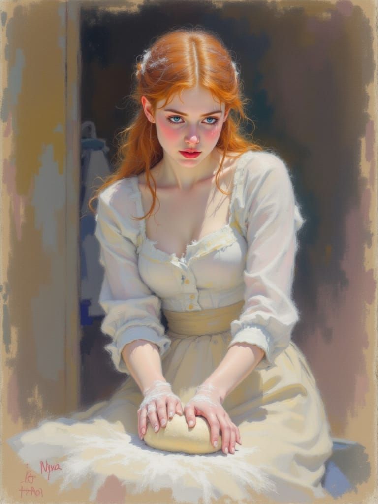 Redhead Baker Kneading Dough in Bustling Kitchen