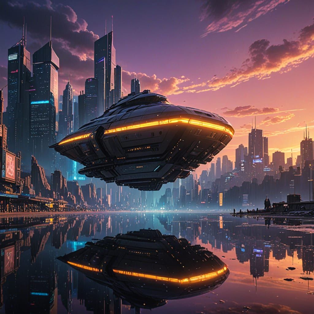 Cyberpunk Dreamscape with Luminous Lake and Neon Sunset