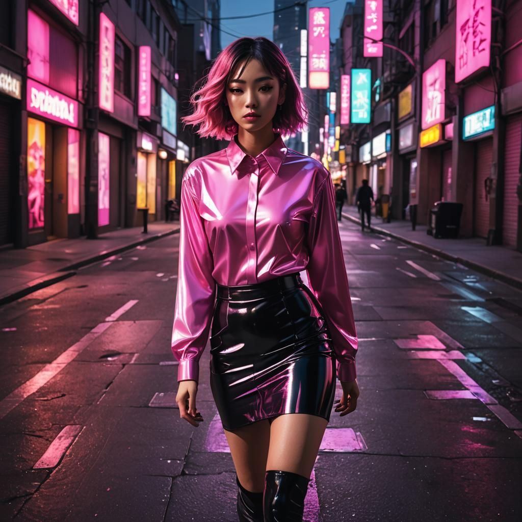 City Pop Anime: Woman in Latex on City Street