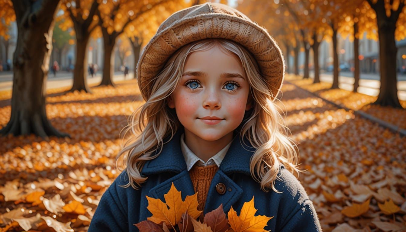 Girl with Autumn Leaves in Golden Hour Light