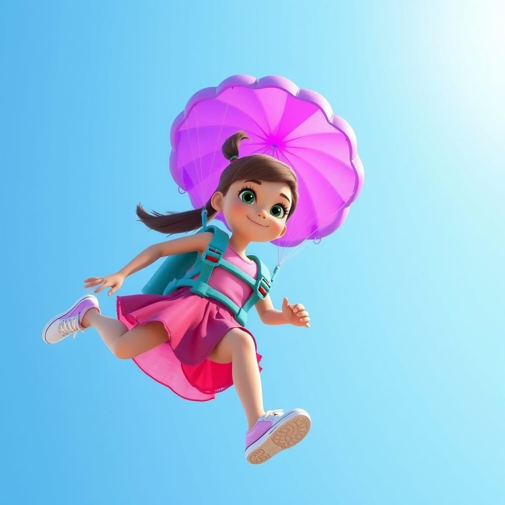 Girl Soaring with Parachute in Detailed 3D CGI Style