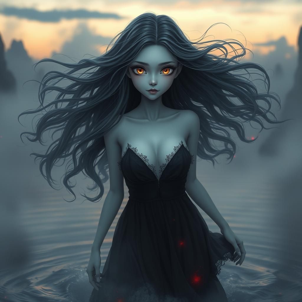 Ethereal Female Ghost Drifting at Dusk in Anime Style