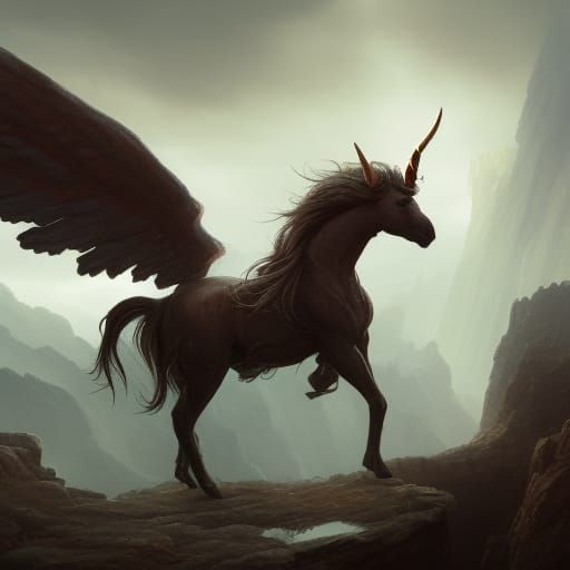 Winged Centaur Unicorn on Cliff: Dark Fantasy Art