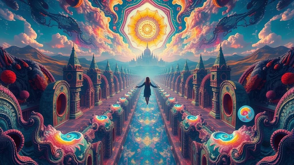 Dreamlike Figure in Escher-Inspired Fractal Expanse