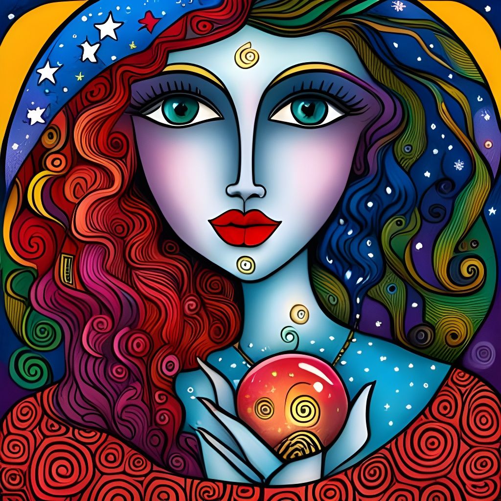 Gypsy Girl with Starry Orb in Art Brut Style