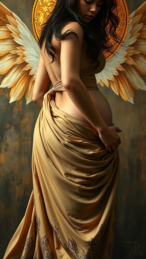 Pregnant Goddess Back Portrait in Oil on Canvas