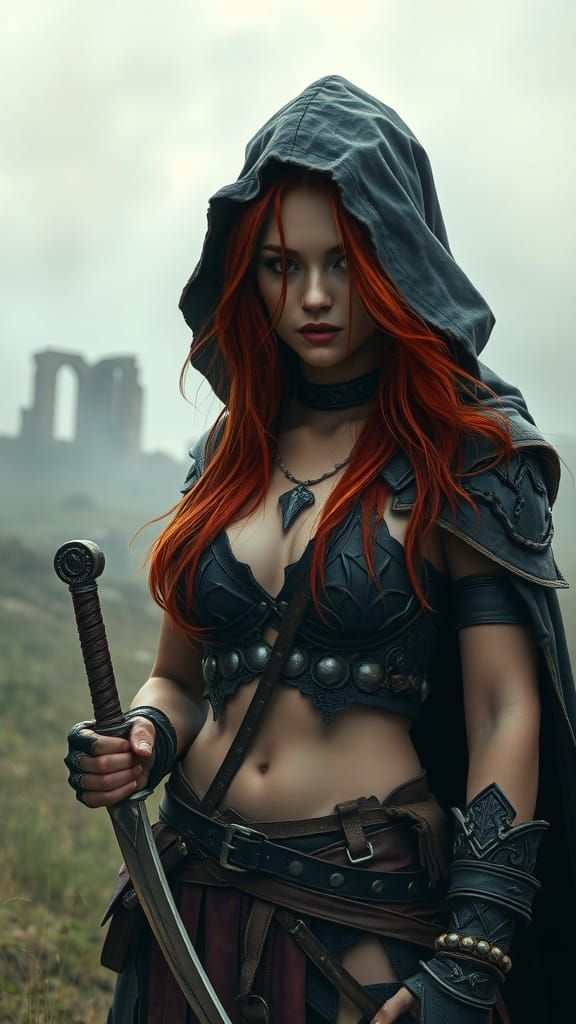 Red-Haired Warrior in Dark Fantasy Landscape