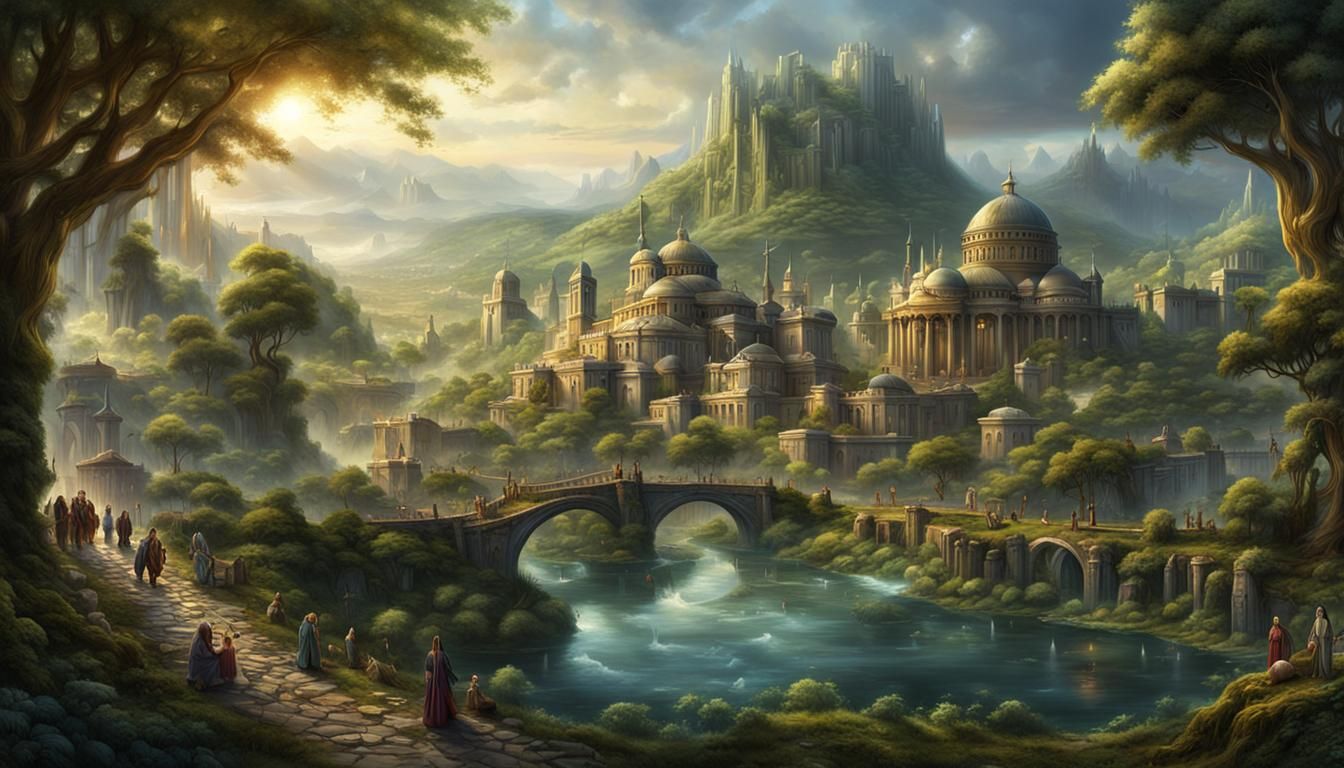 Epic Fantasy City on a Serene Lagoon in a Meticulously Detai...