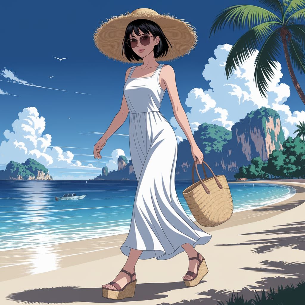 A Serene Thai Woman Strolls on the Beach in Thailand