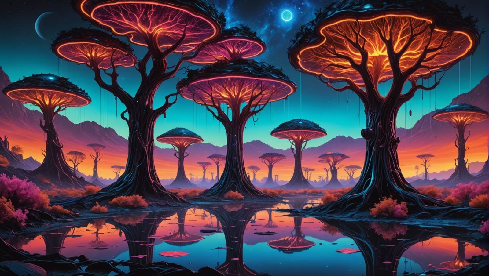 Surreal Alien Landscape with Neon Liquid Metal Trees