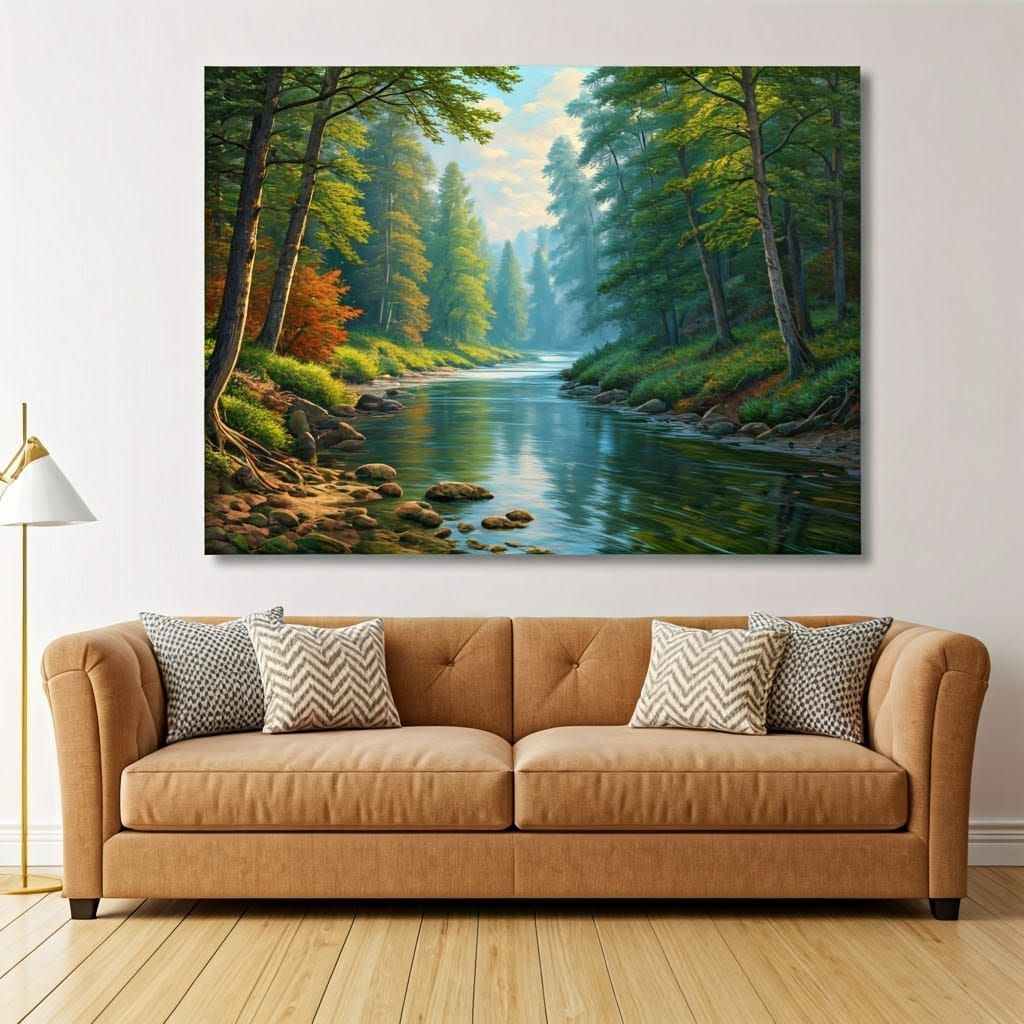 Serene Landscape Painting in a Cozy Golden Living Room