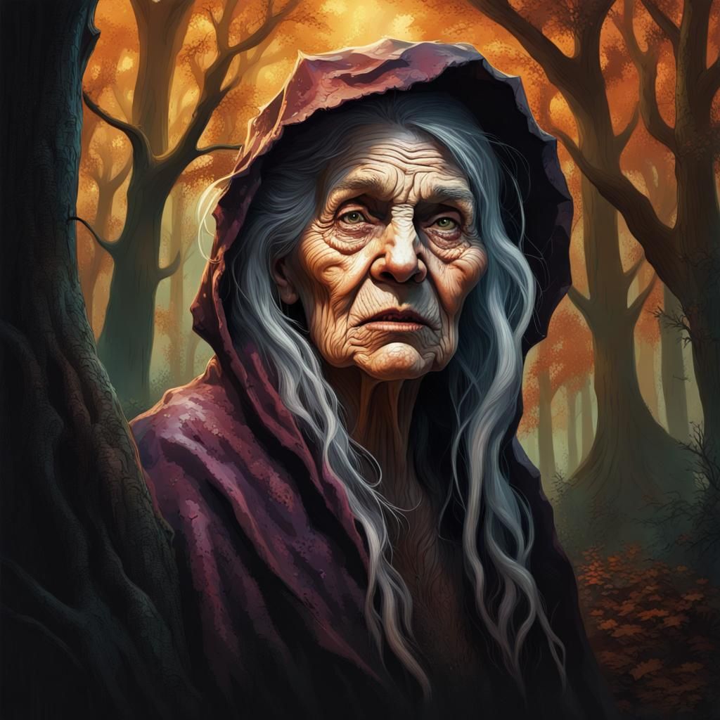 Hyperrealistic Old Hag in Dark Woods