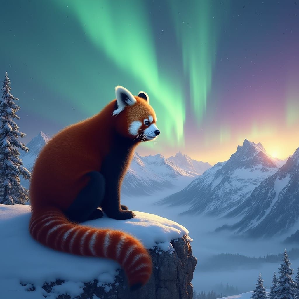 Red Panda Aurora Borealis Digital Painting