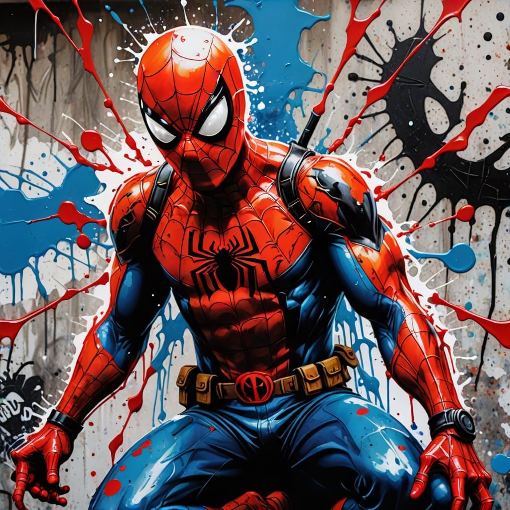 Spider-Man Graffiti Art in a Deadpool Pose