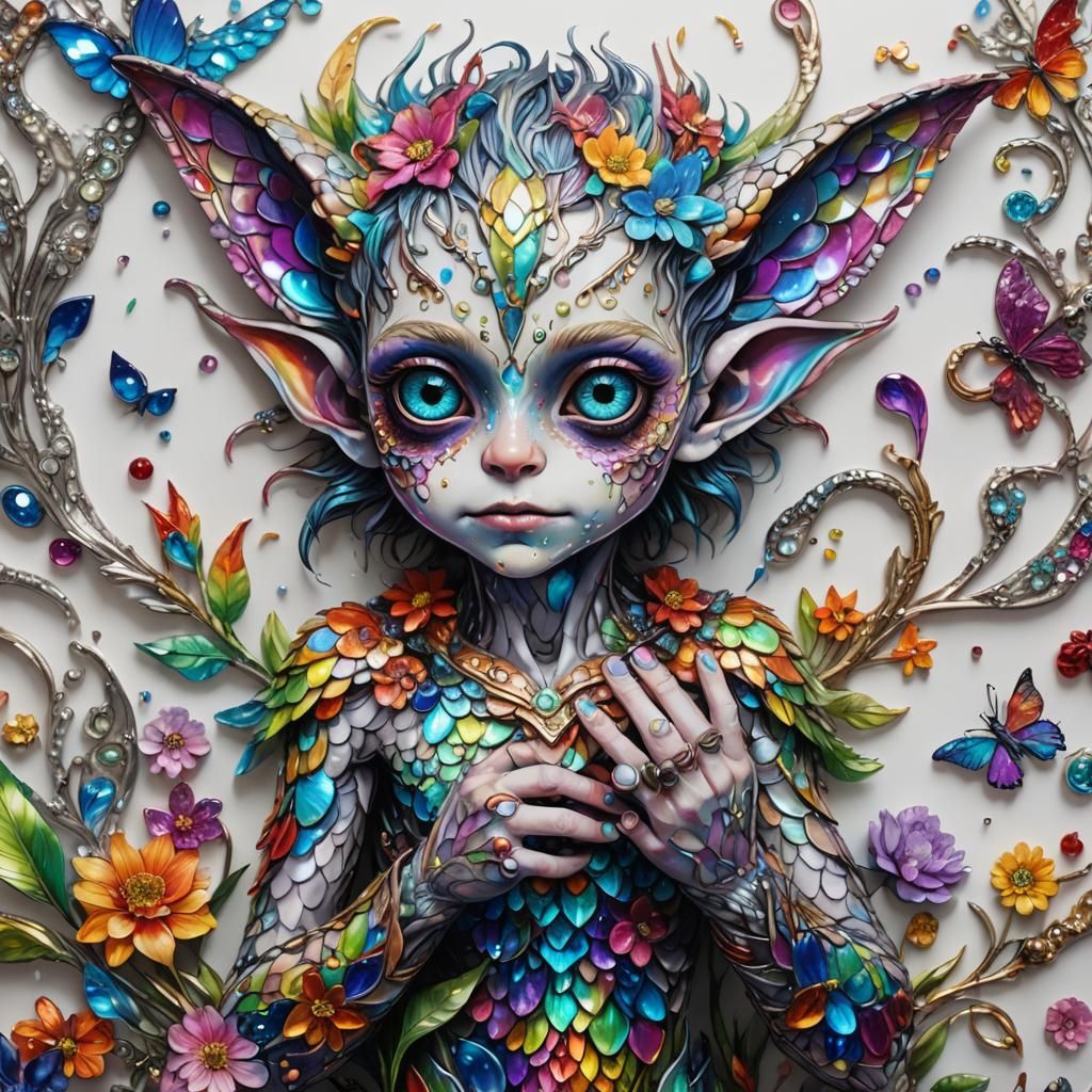 Iridescent Rainbow Gremlin with Glitter Scales