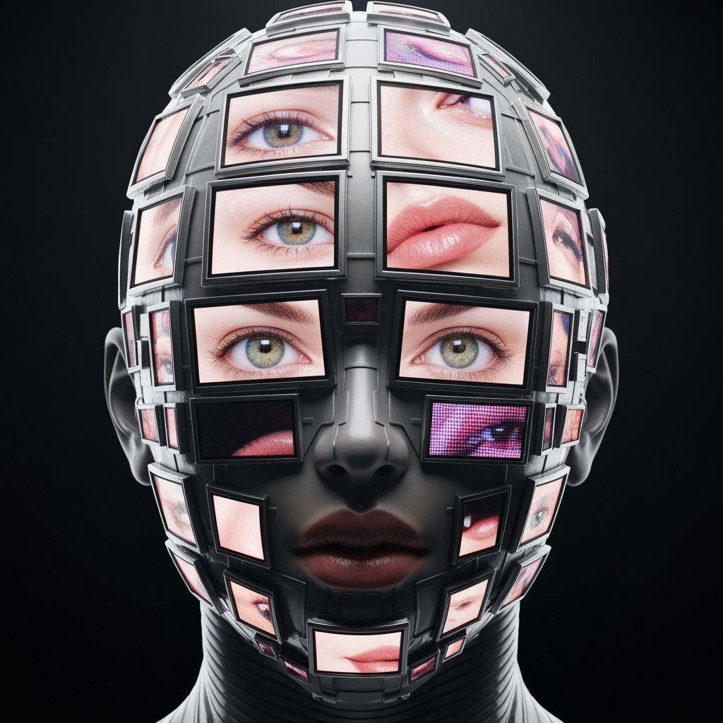 Futuristic Humanoid Head with Glitch LCD Screens