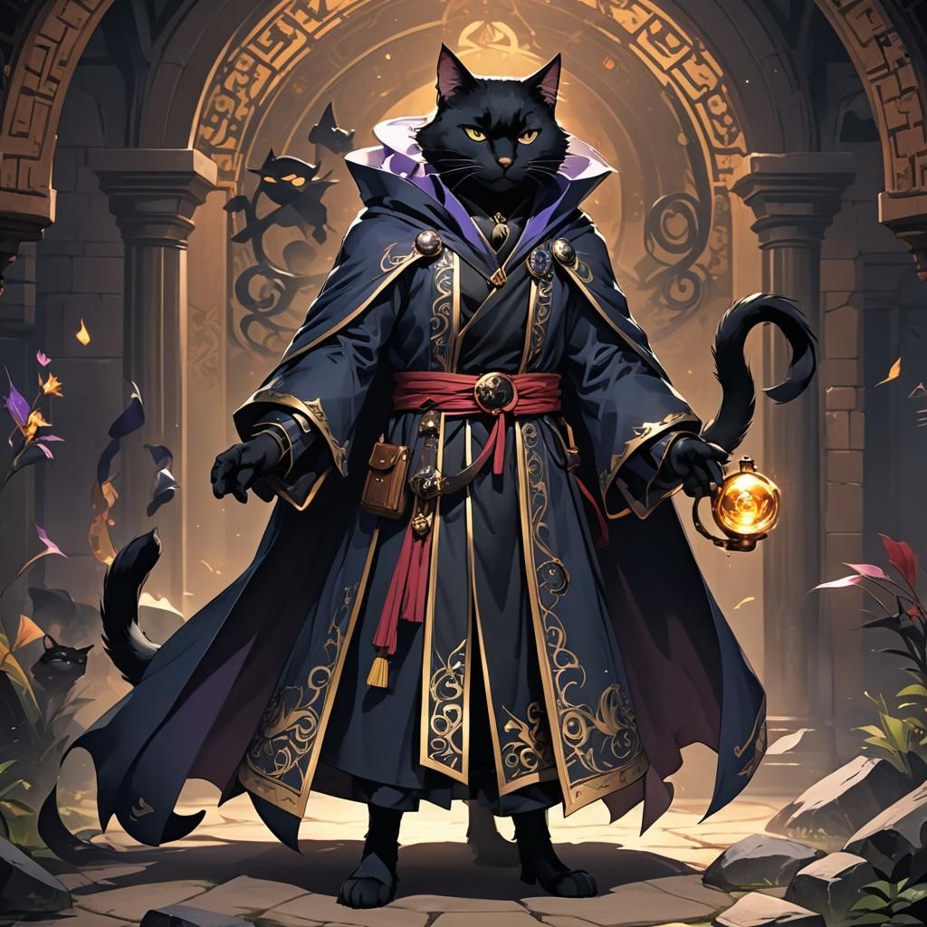 Anthropomorphic Black Cat Mage in Anime Style