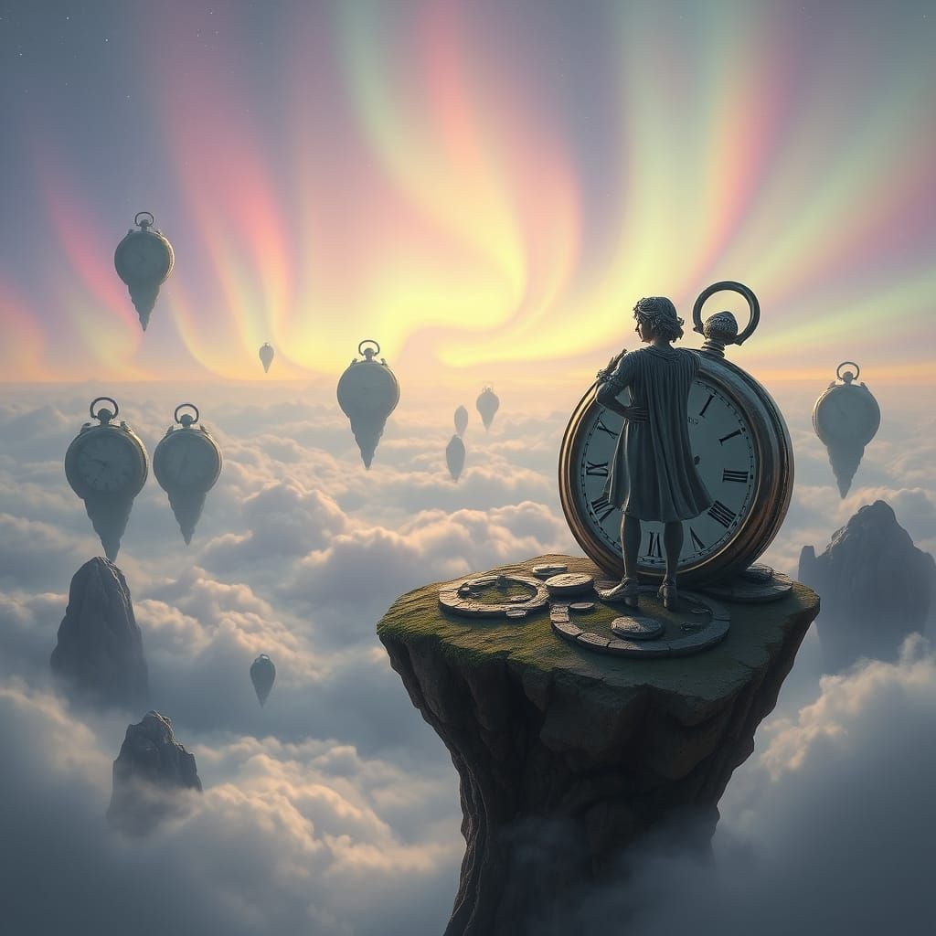 Dreamlike Landscape with Pocket Watch Islands & Pastel Auror...