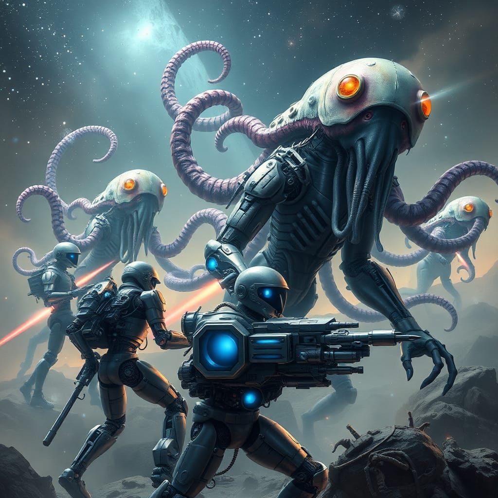 Robotic Warriors Battle Cephalopod Aliens in Space