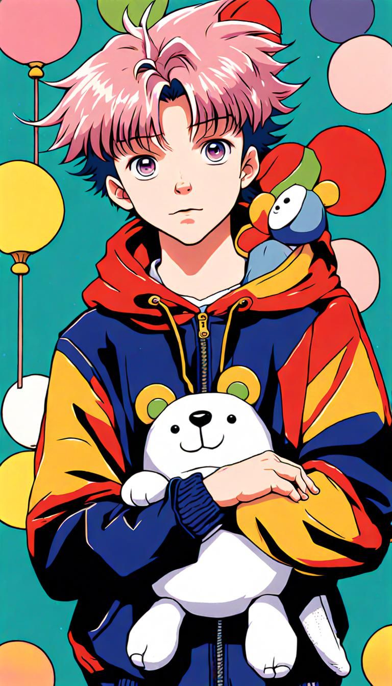 Anime Boy with Plushie, 90s Illustration