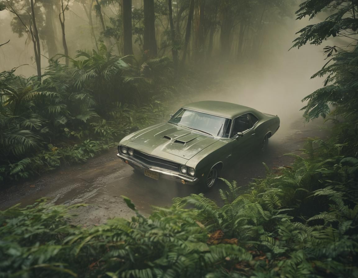 Muscle Car Drives Through Misty Rainforest