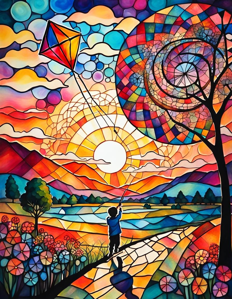 Young child flying a kite cubism effect