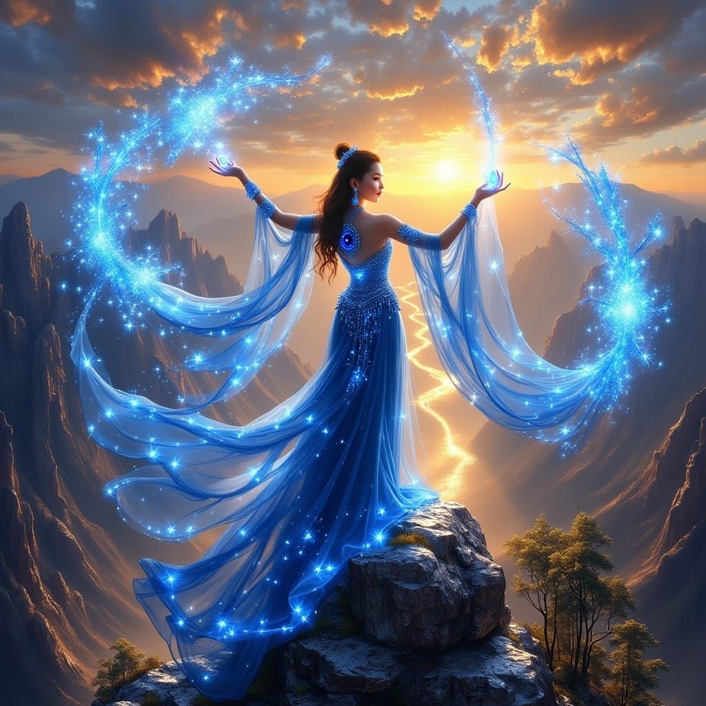 Asian Enchantress Casting Spell at Sunset