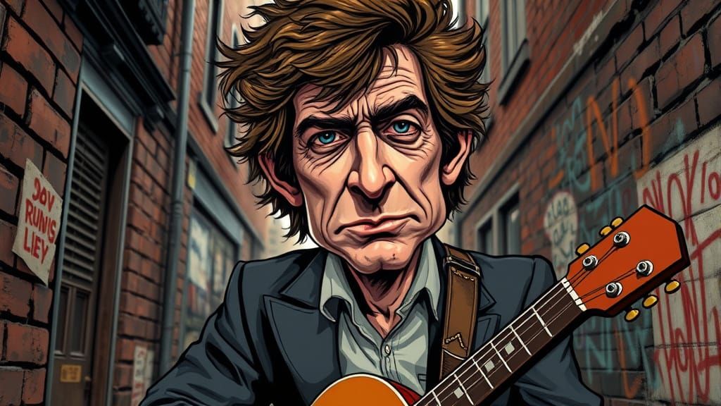 Gritty Caricature of Bob Dylan in Urban Alleyway