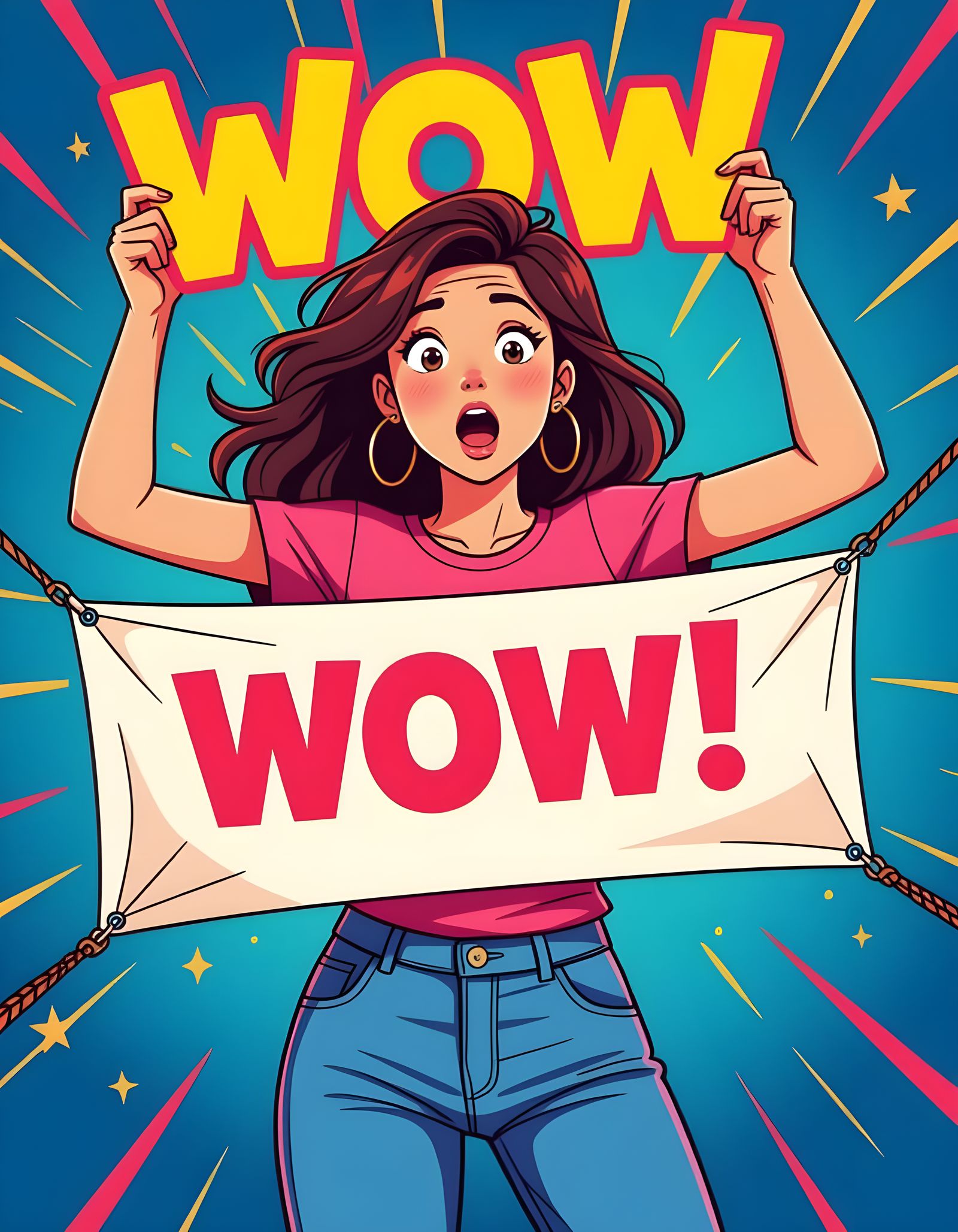 Girl Holding Wow Banner With Shocked Expression