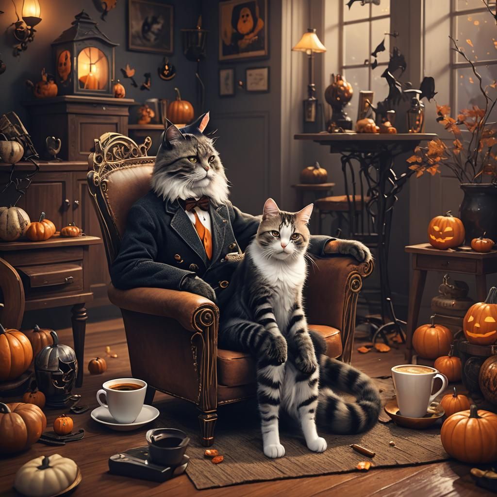 Cozy Halloween Jazz Scene with Cat and Saxophone