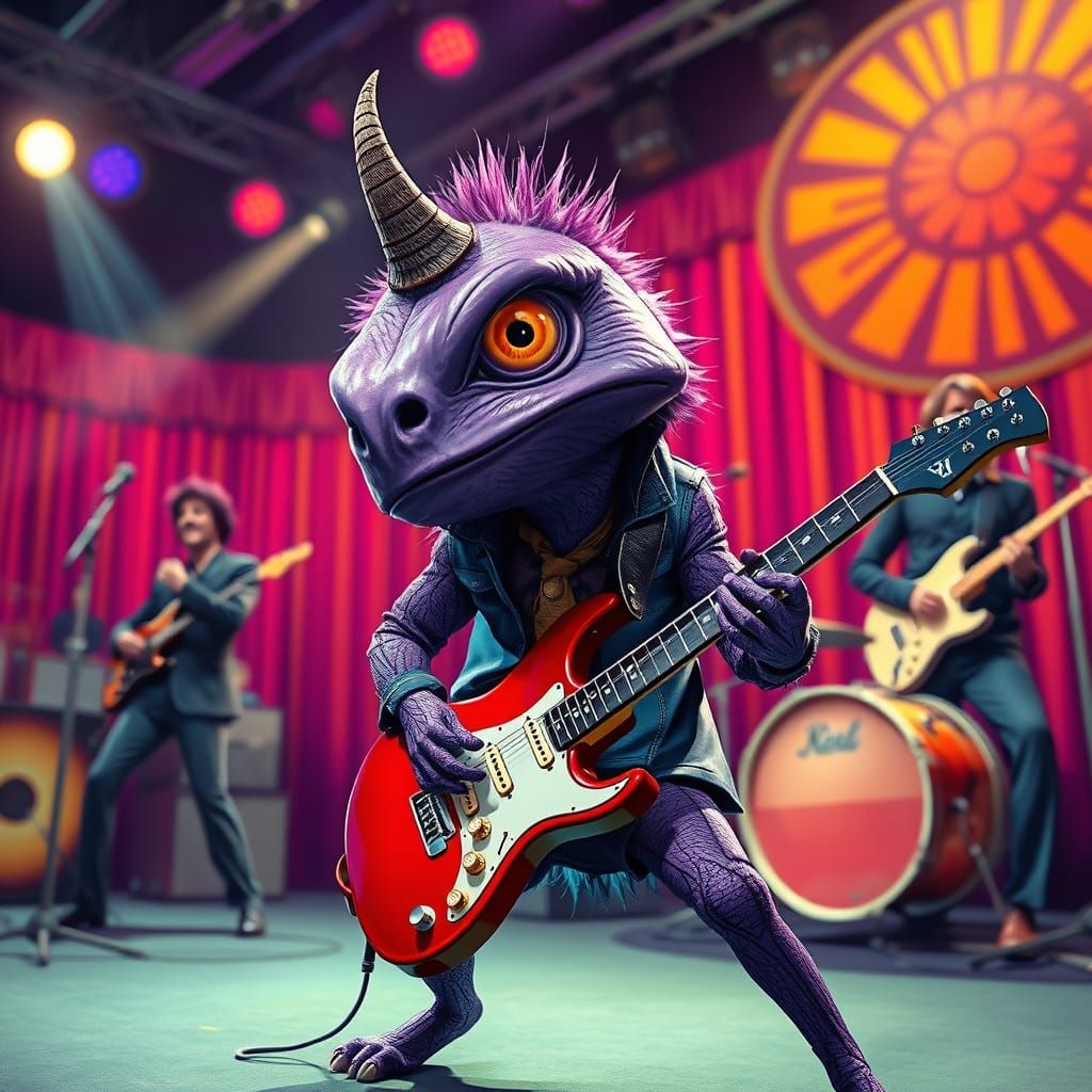 Hyperrealistic Rockstar with Purple People Eater Guitar