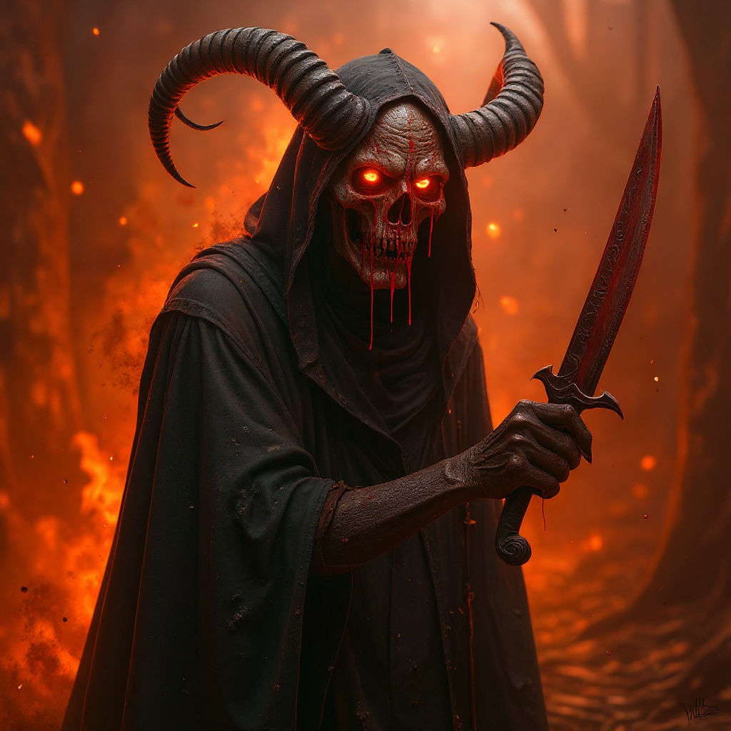 Menacing Demon Head in Hooded Robe, Black and White